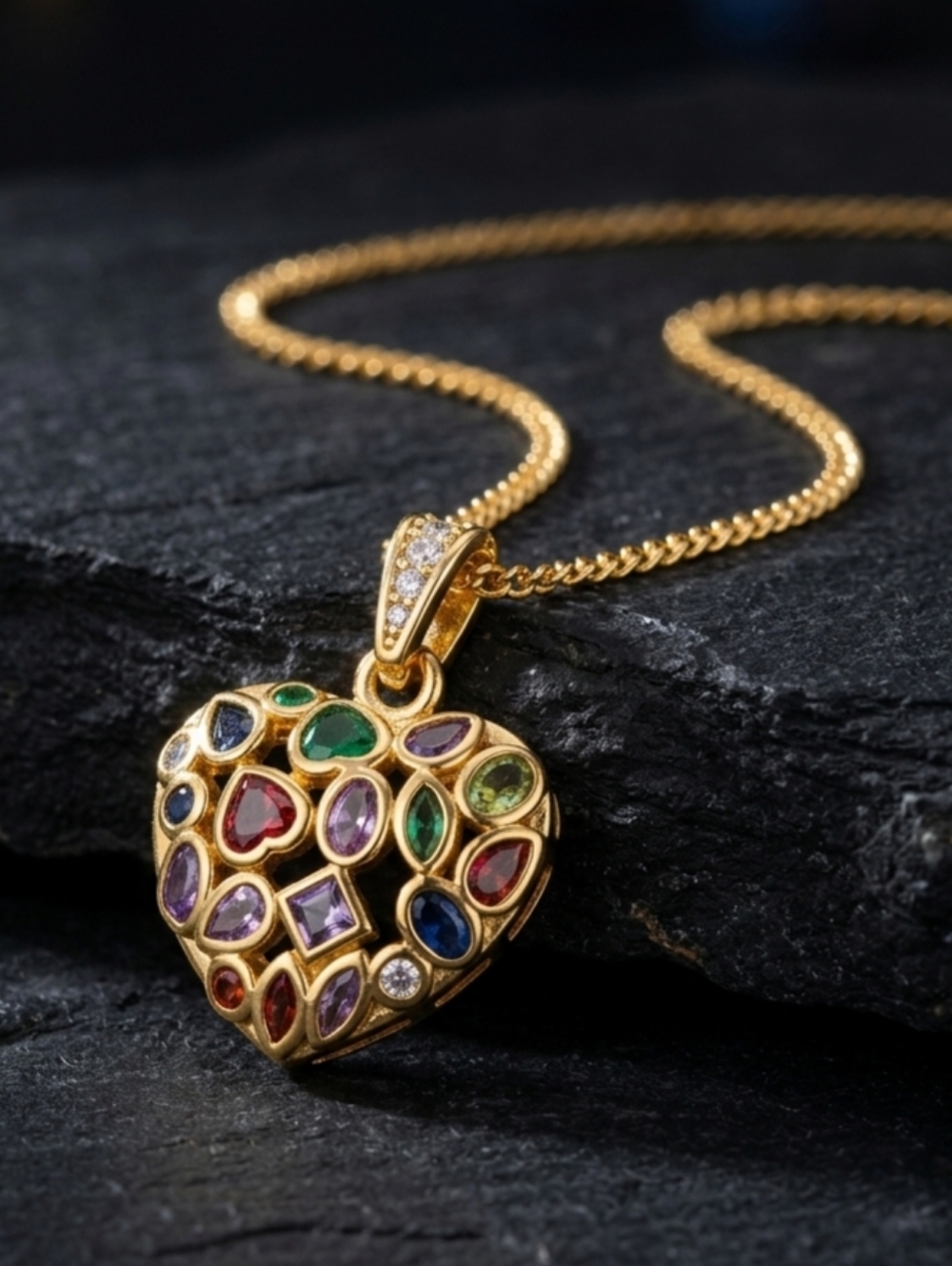 18K Gold Plated Rainbow Multi Gemstone Heart Pendant Maximalist Necklace 16 in